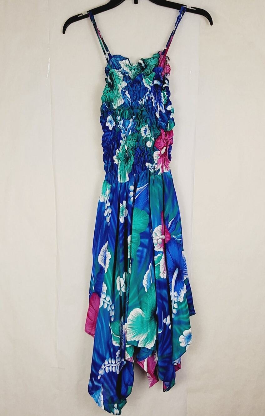 Tropical smocked top asymmetrical hem blue floral midi dress medium coconut girl
